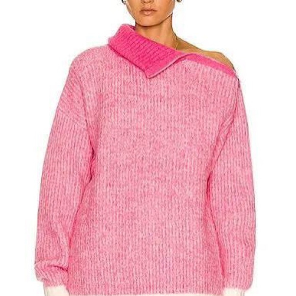 Ganni Two-Tone Pink Off-Shoulder Ribbed Sweater